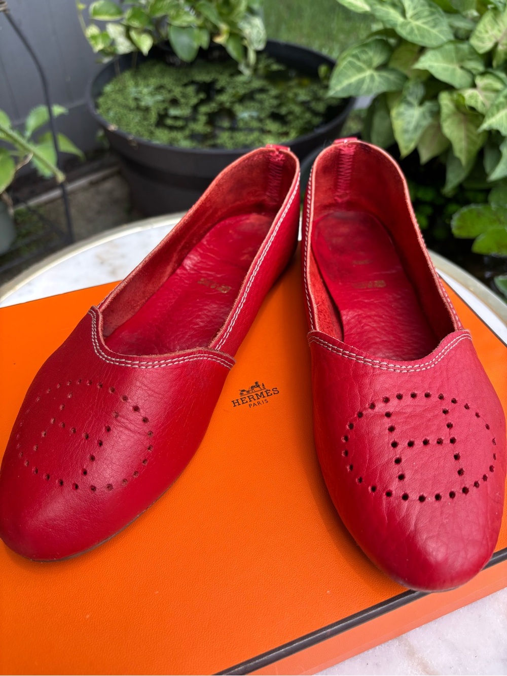 Hermes Evelyne Red Leather Perforated Ballet Flats